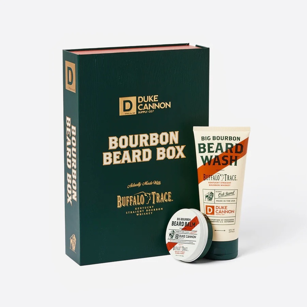 Duke cannon/buffalo trace beard care
1 gift box 
1 beard wash 
1beard balm